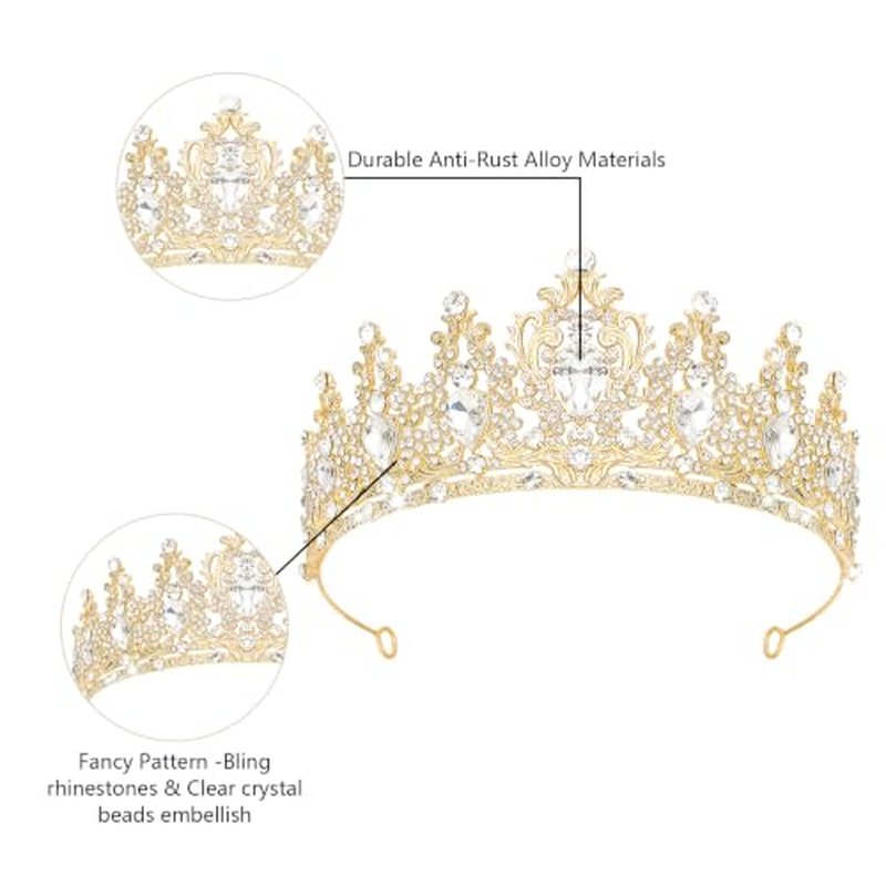 Queen Crown Rhinestone Tiara for Women - Gold & White