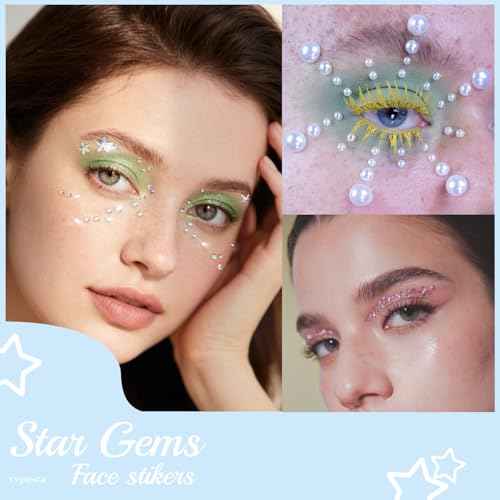 Star & Pearl Face Eye Gems, Self-Adhesive Hair Jewels, Sparkly Face Jewels for Makeup, Stick on Gems Pearl Rhinestones Stickers, Rave Accessories for Hair, Eye, Kids, Women
