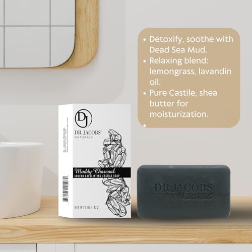 Dr Jacobs Naturals, Triple Milled Loofah Exfoliating Castile Bar Soap (Pack of 6) - Free of Parabens, Sulfates, Synthetics, Gltuen and GMO (Muddy Charcoal)