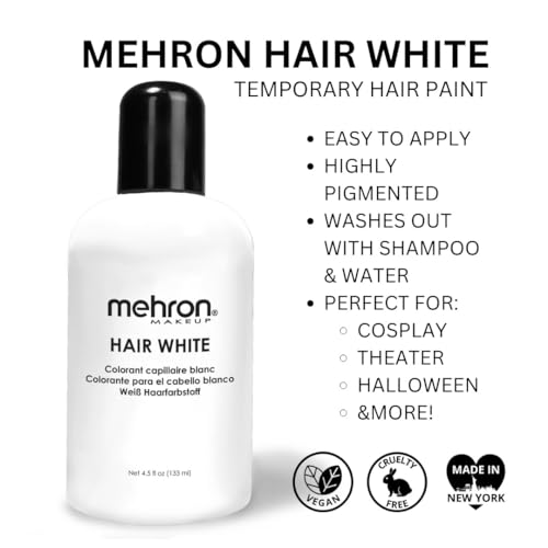 Mehron Makeup Hair White | Washable White Hair Dye | Temporary Hair Color for Theatre, Cosplay, & Halloween 4.5 oz (133 ml)