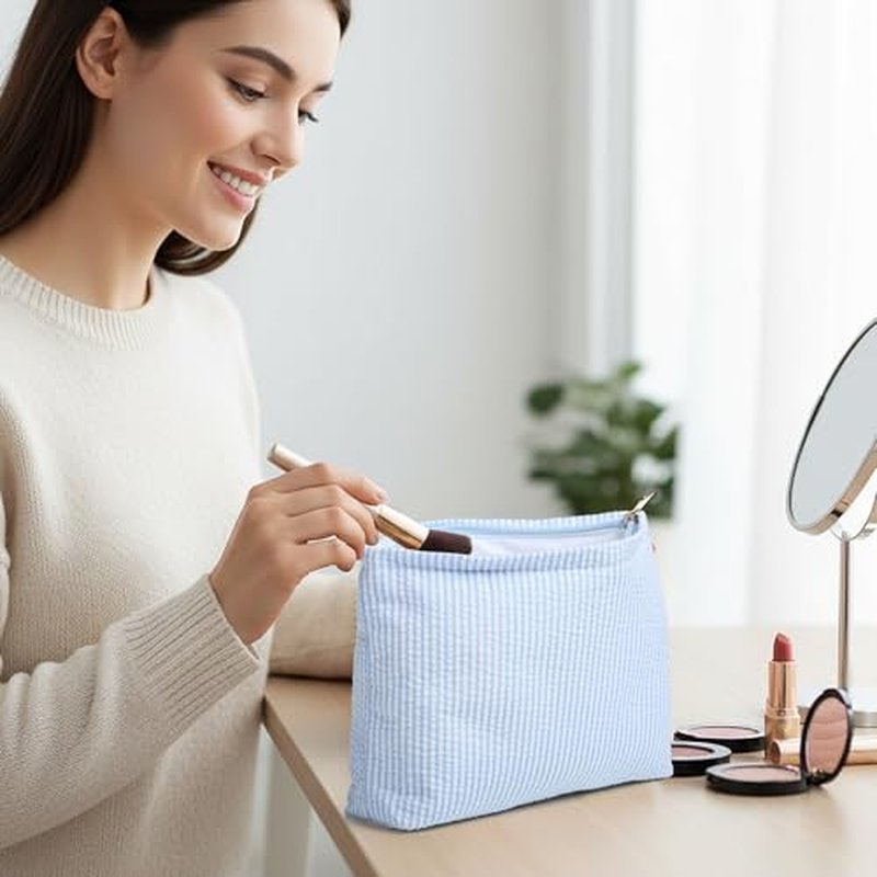 Sanwuta 4-Piece Seersucker Striped Makeup Bag Set, Blue