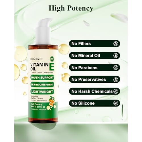 16 Floz Pure Vitamin E Oil For Scars, Organic vit e Nail Oil for Face, Skin, Body and Hair, Nourish Dry Skin, Maintain Youthful, Antioxidant, Fade Scars LIGHTWEIGHT - 500ml