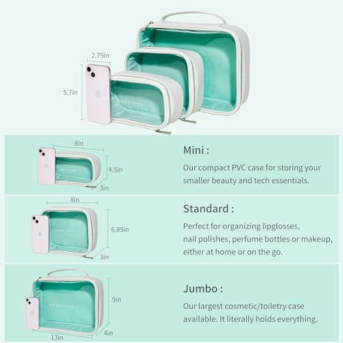 ROWNYEON 3-Piece Premium Cosmetic Organizer Set - Clear PVC & Faux Leather Storage Bags with Jewel-Tone Blue Lining, Waterproof Travel Toiletry Cases for Home/Carry-On (Jumbo/Medium/Mini)
