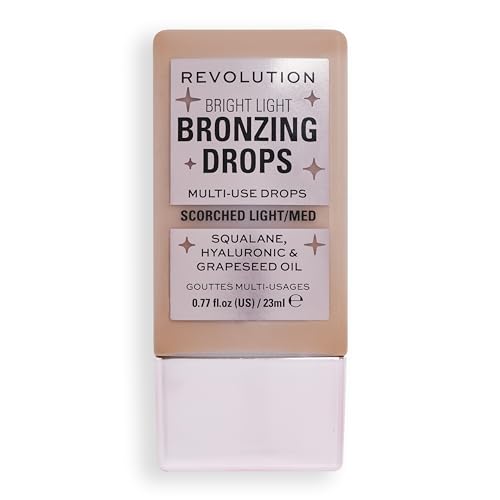 Revolution Beauty, Bright Light Bronzing Drops, Bronze & Glow Face & Body Drops Infused with Hyaluronic Acid, Bronze Scorched, 0.77 Fl. Oz.