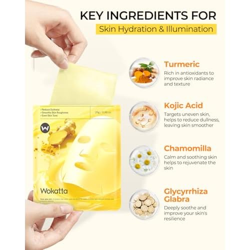 6 Sheet Masks Kojic Acid Turmeric Face Mask Even-Looking Skin Tone, Elasticity, Radiant, Hydrating Face Masks for Dull Skin Facial Mask Controlling Oil and Refining Pores Facemask Skincare