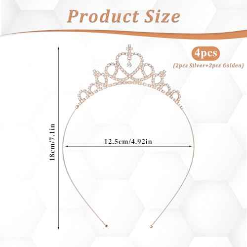 4 Pack Crown Headband for Women Princess Tiara Glittering Rhinestone Peach Crown Crystal Tiaras Heart Adjustable Cute Hair Band Birthday Headpiece Wedding Bridal Dress Up Accessories(Gold Silver)