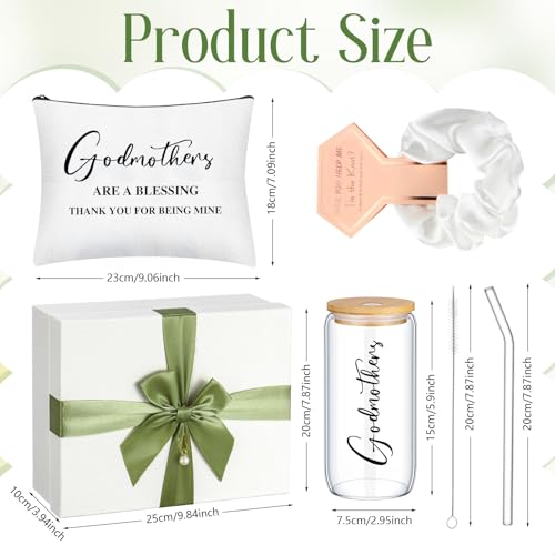 Skylety Godmother Proposal Gifts Set 16 oz Coffee Glass Godmother Cosmetic Bag White Hair Scrunchies, Gift Box, Mother's Day Gifts for God Mother, Wedding Holiday Appreciated Gift