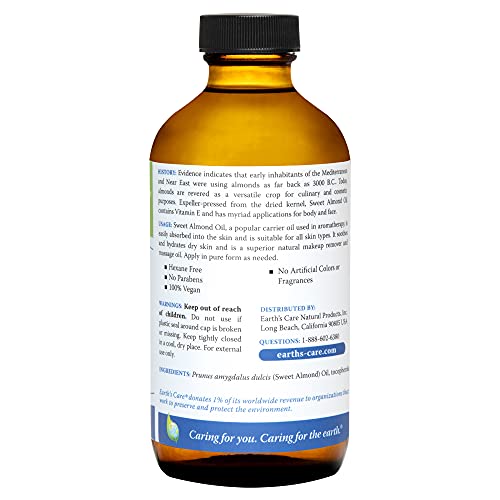 Earth¡¯s Care Sweet Almond Oil - Expeller Pressed Almond Oil for Skin and Hair, Glass Bottle, Unscented, 8 FL. OZ.