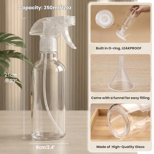 Hethyo 12oz Glass Spray Bottles - Refillable Mist & Stream Nozzle (2 Pack)