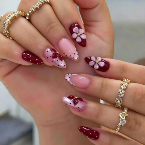 UZJXQ Medium Almond Press-On Nails 3D Flower & Polka Dot Style-15 Short