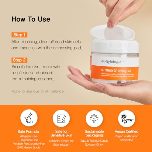 Nightingale C-toning Peeling Pads with Vitamin Complex + AHA?BHA?PHA + Niacinamide, Exfoliating Peel Pads, Sebum Care, Improve Skin Texture, Hypoallergenic, Vegan Pads, korean skin care