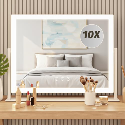 HNV Hollywood Vanity Mirror with Lights, 16.3"x12.6" Lighted Makeup Mirror with 10X Magnification, 3 Color LED, Smart Touch & 360¡Æ Rotation, Tabletop (White)