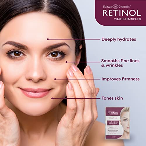 Retinol Anti-Aging Sheet Mask – Hydrating Vitamin-Enriched 15 Minute Treatment With Collagen Firms Face – Exfoliates for Improvement In Tone & Minimizes Fine Lines & Wrinkles For Noticeable Difference