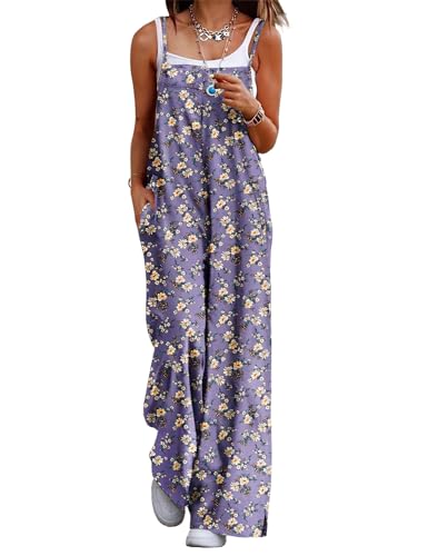 YESNO Women's Summer Boho Casual Jumpsuits Wide Leg Overalls Floral Print Baggy Rompers with Pockets S PZZCR 408