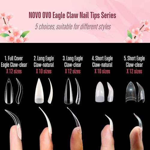 NOVO OVO Nail Tips Curved Stiletto, Clear Gel x Extension kit Half Covel to Make Press on 3D Eagle Claw nails, Thick Extra Hawk Deep Curve Almond French Tips Soft False Fake Acrylic Nail 504pc 12 Size