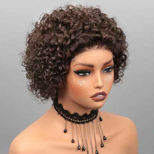 Short Curly Pixie Cut Wig Human Hair Chocolate Brown 5X5 Glueless Wigs Human Hair Pre Plucked Pre Cut Brazilian Brown Pixie Wigs for Black Women 8 Inch