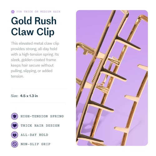 Gimme Beauty Gold Rush Claw Clip - Metal, Rectangle Clip for Long, Thick & Curly Hair - Features Gripped Tips for Firm, All-Day Hold - Comfortable & Fashionable