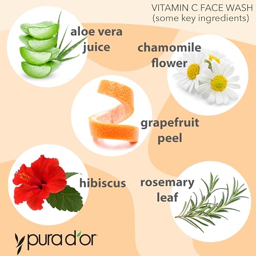 PURA D'OR 8 Oz Vitamin C Face Wash - Antioxidant Rich Brightening Facial Cleanser For Radiant Glow & Even Skin Tone - Gentle, Refreshing, Nurturing, Hydrating - Sulfate & Paraben Free - All Skin Types