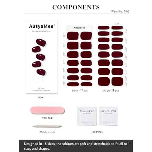 Semi Cured Gel Nail Strips (Wine Red N02),30 Pcs Gel Nail Wraps, Stickers, Long Lasting, Works with Any UV Lamps