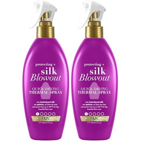 OGX Protecting + Silk Blowout Quick Drying Thermal Protection Spray,Heat Protectant Spray Shields Hair up to 450¡ÆF For Soft,Shiny Hair and Big,Beautiful Blowouts,Light Hold,6 fl. oz,(Pack of 2)