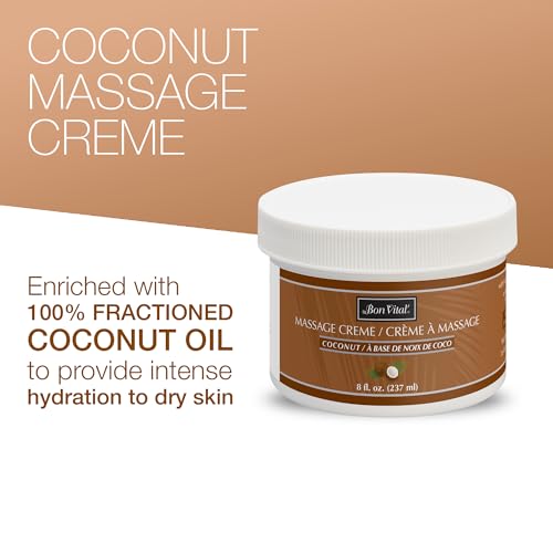 Bon Vital' Coconut Massage Creme Made with 100% Pure Fractionated Coconut Oil, Moisturizer to Repair Dry Skin, No Greasy Feel, Anti-Aging Cream for Professional Massage, 8 Ounces (Packaging May Vary)