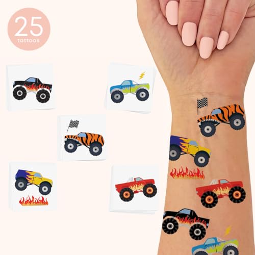 Monster Truck Temporary Tattoos - 25 Metallic Tattoos for Kids