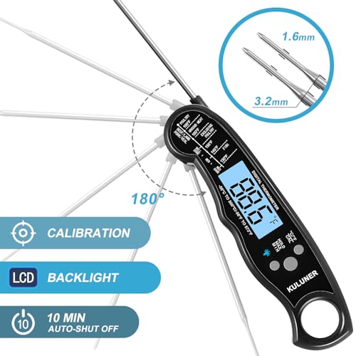 KULUNER TP-01 Waterproof Digital Instant Read Meat Thermometer with 4.6 Folding Probe Backlight Calibration Function for Cooking Food Candy, BBQ Grill, Liquids,Beef(Black)