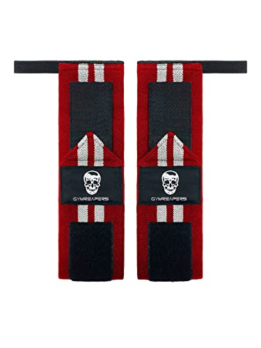 Gymreapers Weightlifting Wrist Wraps (Competition Grade) 18" Professional Quality Wrist Support with Heavy Duty Thumb Loop - Best Wrap for Powerlifting, Strength Training, Bodybuilding(Red/White,18")