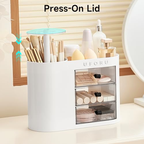 Makeup Organizer with Pop-Up Brush Holder for Dresser Vanity, Plastic Bathroom Counter Organizer with 3 Drawers & Dust-Proof Cover, Cosmetic Display Case for Lipstick, Skincare, White
