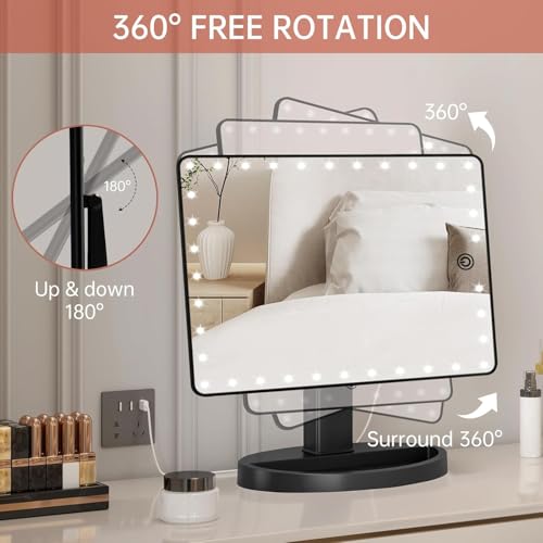 FUNTOUCH Black Large Lighted Makeup Mirror with Lights, 14.56 Inch, Dimmable & 10X Magnification (Variation D)