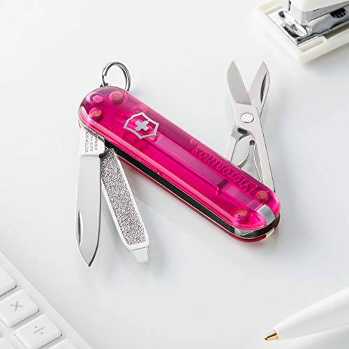 Victorinox Classic SD Swiss Army Knife, Compact 7 Function Swiss Made Pocket Knife with Small Blade, Screwdriver and Key Ring - Pink Translucent