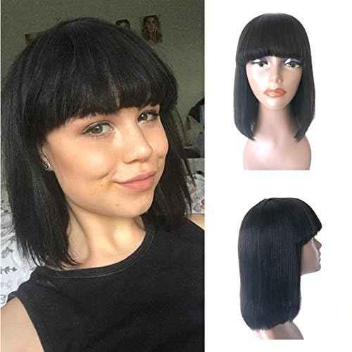 Enoya Bob Wig Human Hair Wear and Go Glueless None Lace Front Wigs with Bangs, Light Yaki Straight Full Machine Made Wig 180% Density Short Bob Wigs for Black Women (10" Color #1)