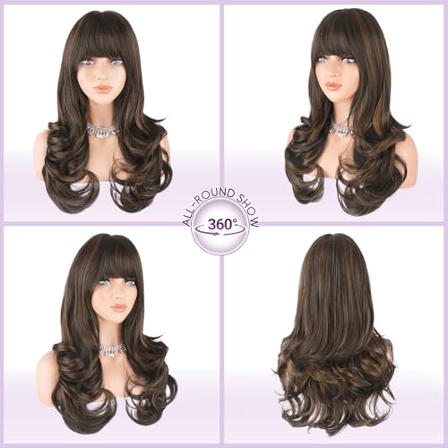 Brown Auburn Wavy Wig with Bangs 24 Inch
