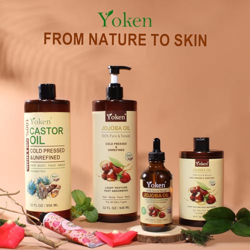 Jojoba Oil 4oz & Castor Oil 16oz Set: Both in Glass Bottle, 100% Pure & Natural, EWG Verified, Cold Pressed, Virgin, Hexane Free - Best Carrier Oils Hair Oils Facial Oils, Hydrating & Nourishing