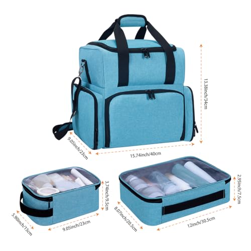 Large Makeup Cosmetic Bag with 3 Removable Case and 2 Removable Dividers Double Layer Travel Storage Organizer, Makeup Brushes Storage Section Lake Green