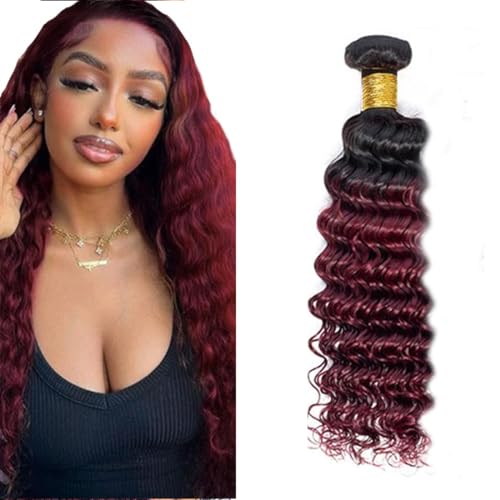 AuokMar Burgundy & Black Kinky Curly Human Hair Extensions 14 Inch 1 Bundle