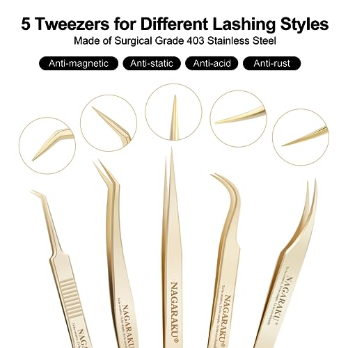 NAGARAKU 5 PCS Tweezers for Eyelash Extensions Straight and Curved Precision Professional Tweezer for Lash Extensions Volume Easy Fanning lash Precise Point with Storage Case Bag