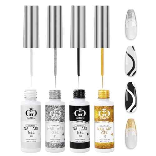 Gel Nail Art Polish Set with Thin Brush ? 4 Colors White Gel Nail Polish Black Silver Glitter Liner for Nail Art Design French Tips Soak Off UV/LED 8ml