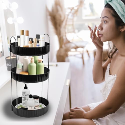 Rotating Makeup Organizer 3-Tier Lazy Susan - Countertop Vanity Storage for Hair, Skincare & Perfume, Black