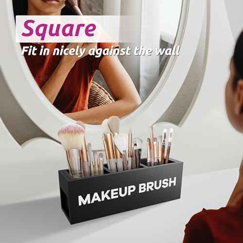 Suli Large Makeup Brush Holder Organizer, Wooden Cosmetic Brushes Storage with 3 Slots, Eyeliners Display Case for Vanity Desktop Bathroom Countertop -Black