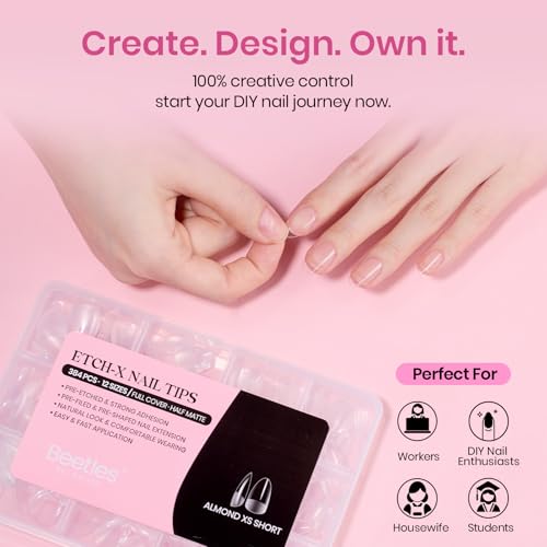 Beetles Almond Extra Short Gel Nail Tips 384pcs - No Shaping Needed, 12 Sizes