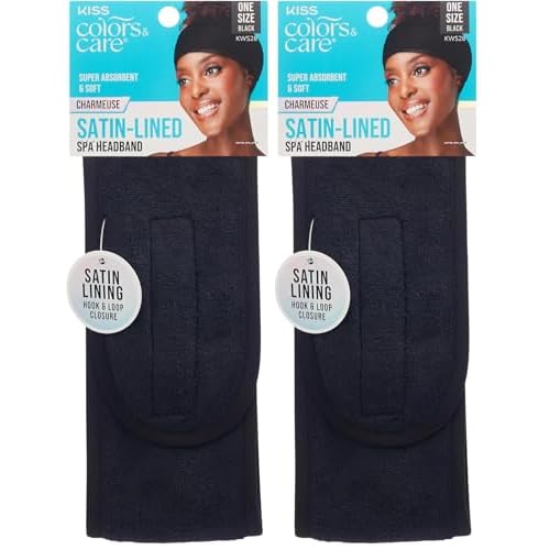 KISS COLORS & CARE Satin-Lined Spa Headband, Super Absorbent Soft Terry-Cloth, Premium Charmeuse Silky Satin, Hook & Loop Closure, Water Resistant, Black (Pack of 2)