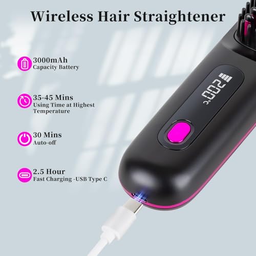 Cordless Straight Hair Brush with LED Display & 3 Heat Settings