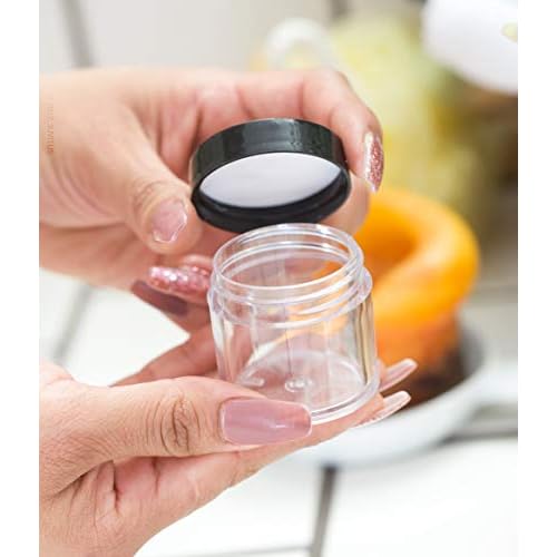 (12 pack) 1 oz Clear Plastic Jar with Black Lids Refillable Storage Organization