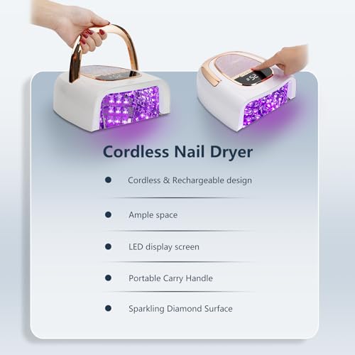 96W Professional Cordless Nail Lamp for Gel & Acrylic Nails 60S Fast-Curing UV/LED Light with 15600mAh Rechargeable Battery (60+ Uses), Smart Sensor & Metal Base for Home and Salon