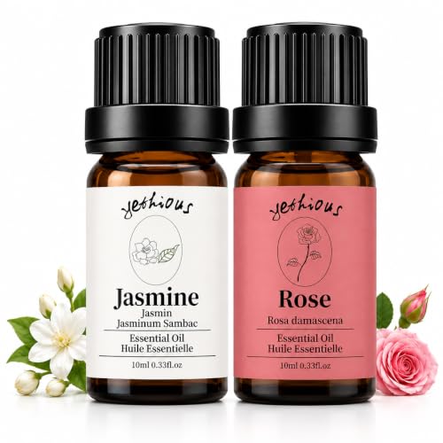 Yethious Rose & Jasmine Essential Oil Set for Diffuser, Skin & Hair Care – Pack of 2, 0.33 Fl Oz Each