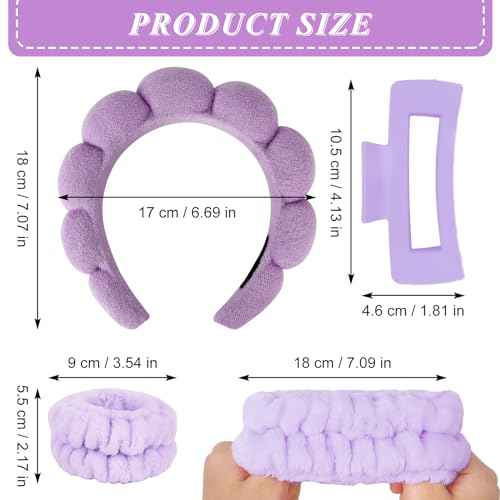 Wecoe Pink Purple Spa Headband And Wristband Set Skincare Headband For Washing Face Hair Claw Clips For Thick Hair Cute Puffy Sponge Bubble Makeup Head Band Wrist Towels Scrunchies For Women Girls