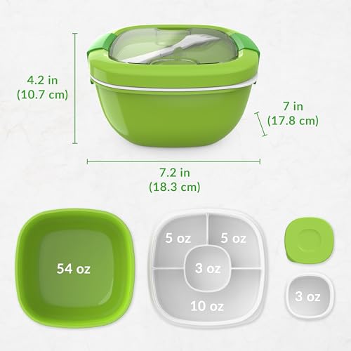 Bentgo All-in-One Salad Container - Large Salad Bowl, Bento Box Tray, Leak-Proof Sauce Container, Airtight Lid, & Fork for Healthy Adult Lunches; BPA-Free & Dishwasher/Microwave Safe (Green)