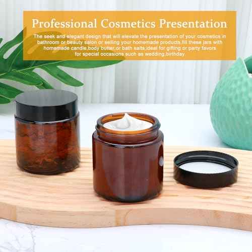4oz Glass Amber Cosmetic Jars with Black Lids,12 Pack Empty Small Glass Jars with Inner Liners, Round Sample Container for Cream,Lotion,Ointments