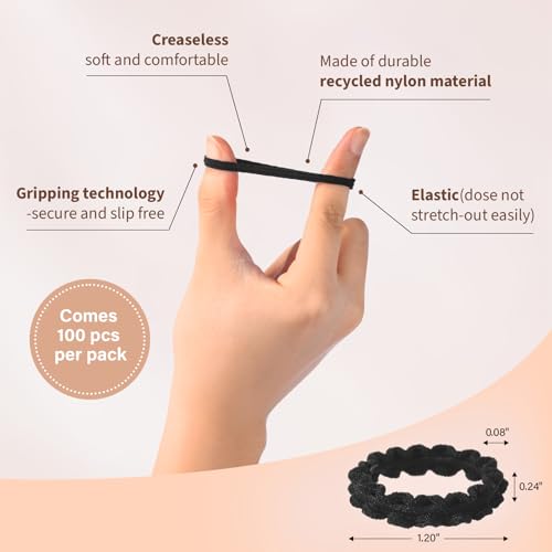 100 Small Black Hair Ties - Elastic Bands for Kids & Women